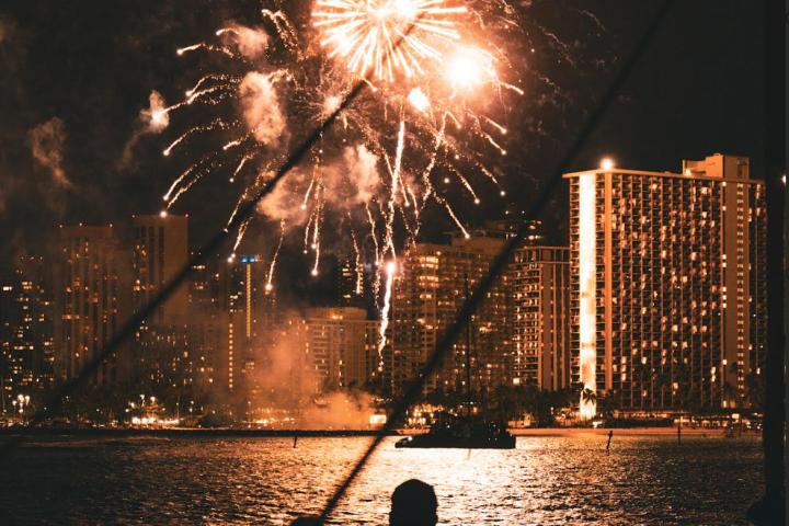 Silhouetted people watching fireworks over a city skyline at night.